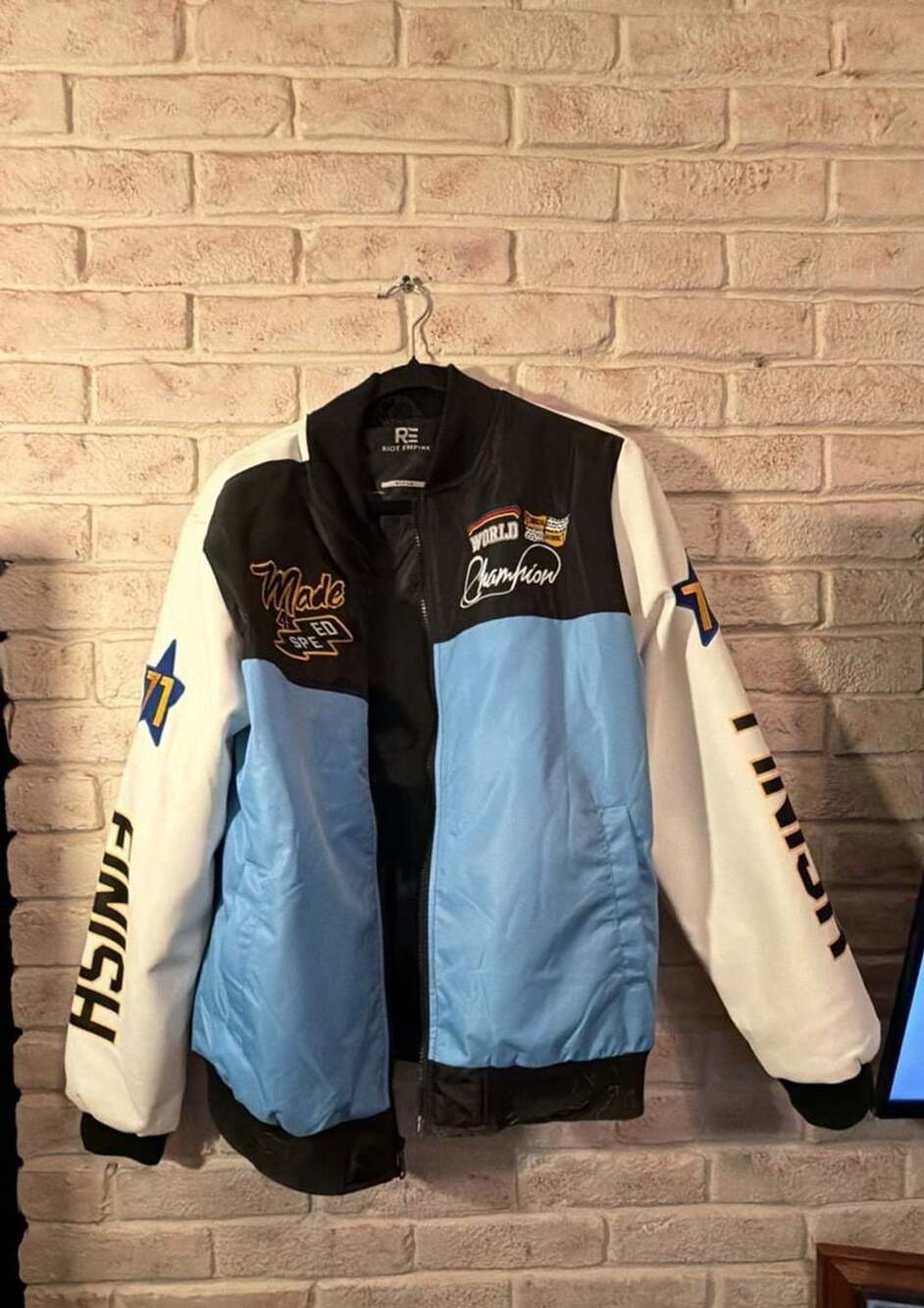 Riot Empire Bomber Jacket Size Medium Black Blue White Racing